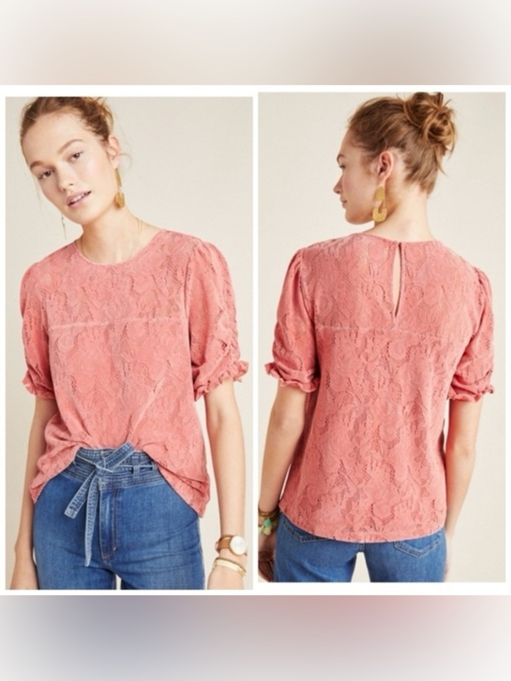 Anthropologie Parvati Peach Velvet Lace Trim Top Medium Romantic Boho Blouse